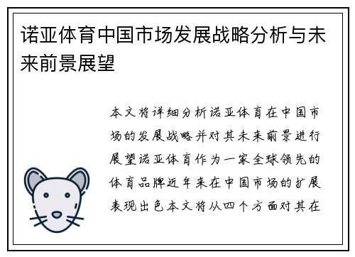 诺亚体育中国市场发展战略分析与未来前景展望